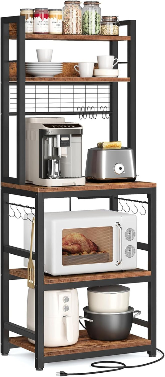 Hutch Bakers Rack with Power Outlet, 14 Hooks Microwave Stand, Adjustable Coffee Bar with Metal Wire Panel, Kitchen Storage Shelf, 15.7 X 23.6 X 66.9 Inches, Rustic Brown and Black UKKS037B01