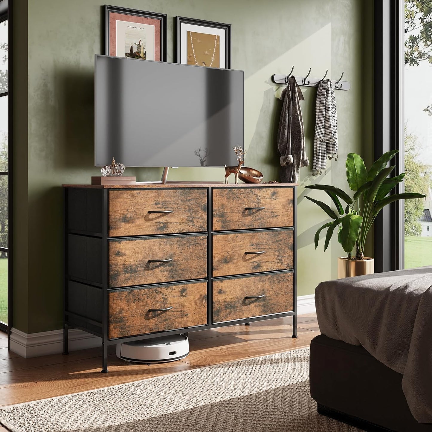 Dresser for Bedroom with 6 Drawers, Wide Fabric Dresser TV Stand for 50 Inches TV, with Metal Frame, Wooden Top, Fabric Storage Dressers for Bedroom, Hallway, Entryway, Rustic Brown