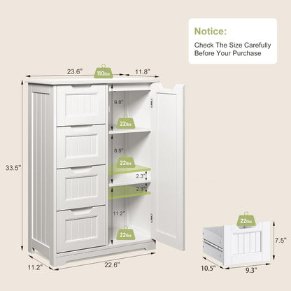 Small Pantry with Door and Shelves, 33'' Kitchen Pantry Storage Cabinet Freestanding Wooden Bathroom Storage Cabinet with 4 Drawers for Kitchen and Dining Room, White
