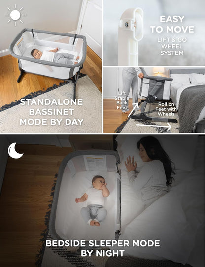 beside Me Dreamer Bassinet | Bedside Sleeper | 6-Position Height Adjustment | Charcoal Tweed