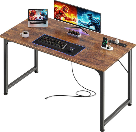 40 X 20 Inch Computer Desk with Power Outlets and USB-C Port, Gaming Office Desk with Deeper Desktop, Writing Work Desk for Home Office, Study, Bedroom, Metal Frame, Rustic Brown