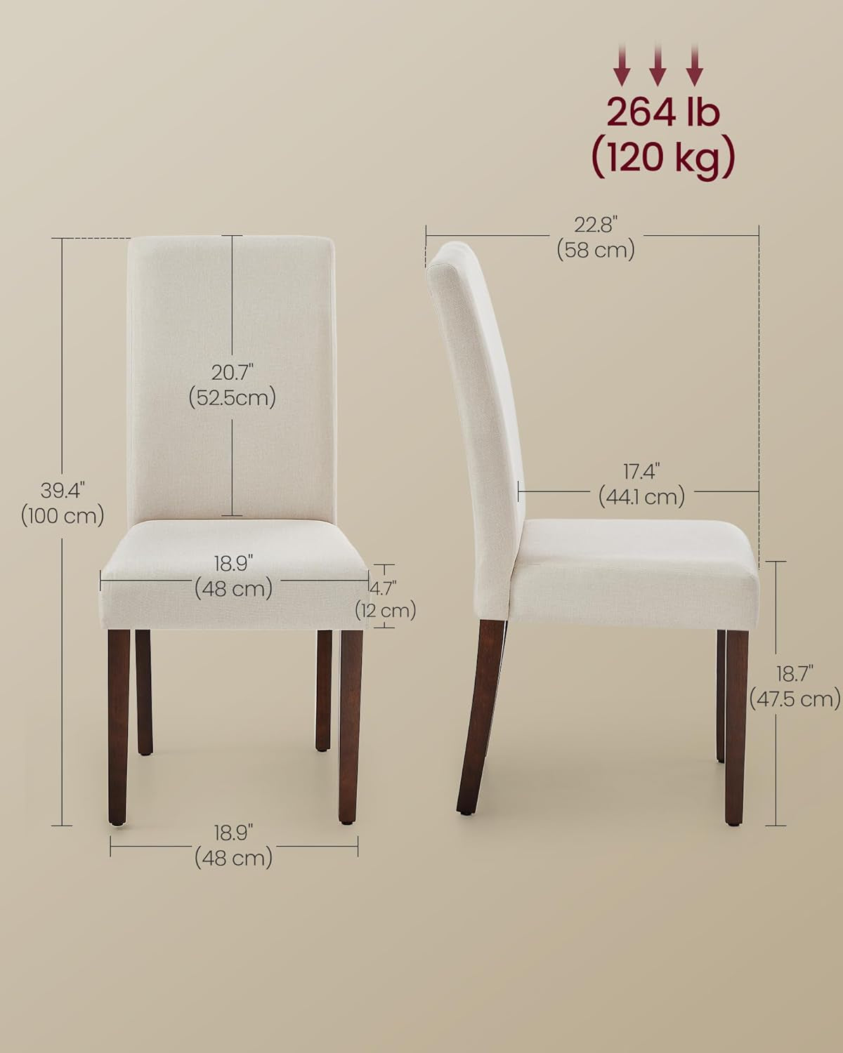 Dining Chairs, Parsons Chairs with Removable Fabric Cover, High Back, for Dining Room Kitchen, Set of 4, Thick Seat, 22.8 X 18.9 X 39.4 Inches, Cream White UKDC152W14