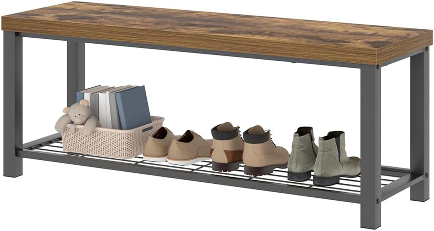 Entryway Bench, Modern Wood and Metal Storage Bench for Hallway Front Door Entrance, Industrial Indoor Shoe Rack Bench Seat for Living Room Bedroom, 43.3 Inch Rustic Brown