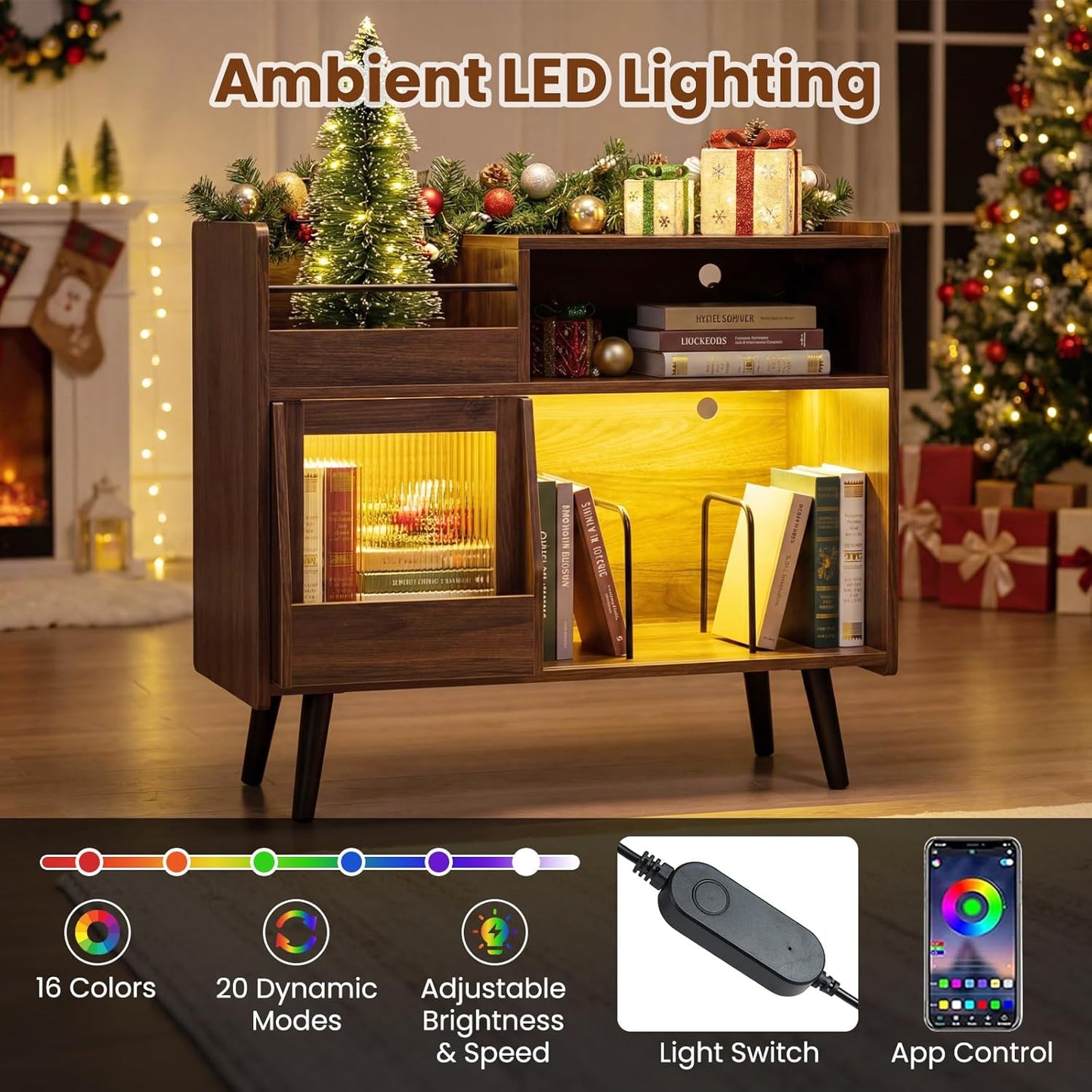 Large Record Player Stand with LED Light, Mid Century Modern Turntable Stand W/Sliding Door, Charging Station & Solid Wood Leg, Record Player Table, Vinyl Record Storage for Living Room, Brown