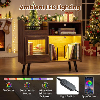 Large Record Player Stand with LED Light, Mid Century Modern Turntable Stand W/Sliding Door, Charging Station & Solid Wood Leg, Record Player Table, Vinyl Record Storage for Living Room, Brown
