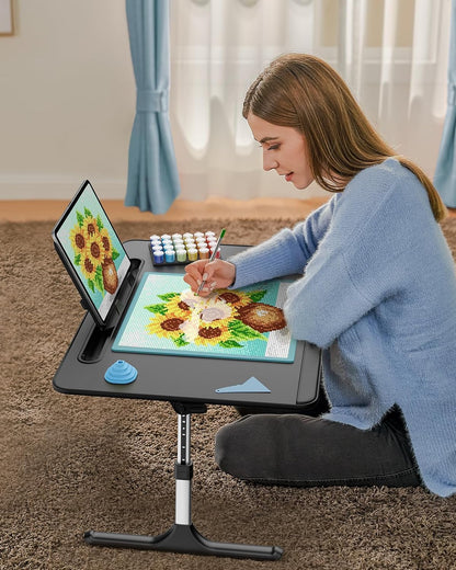 Laptop Table with LED Desk Light,  Laptop Stand for Bed, Height Adjustments Bed Desk with Book Stand for Reading Writing Drawing (Black)
