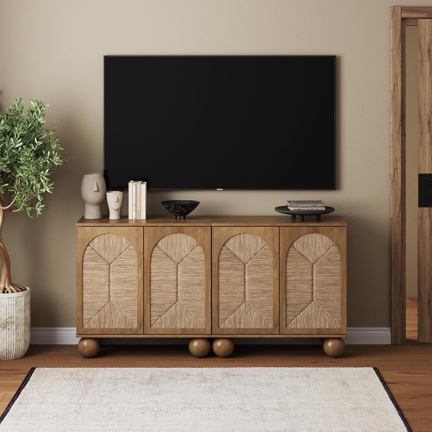 Leah Boho Entryway Storage Cabinet or Sideboard Cabinet for Kitchen or Living Room with Ball-Style Feet, Natural Seagrass Door Fronts and Solid Wood Legs, Light Brown