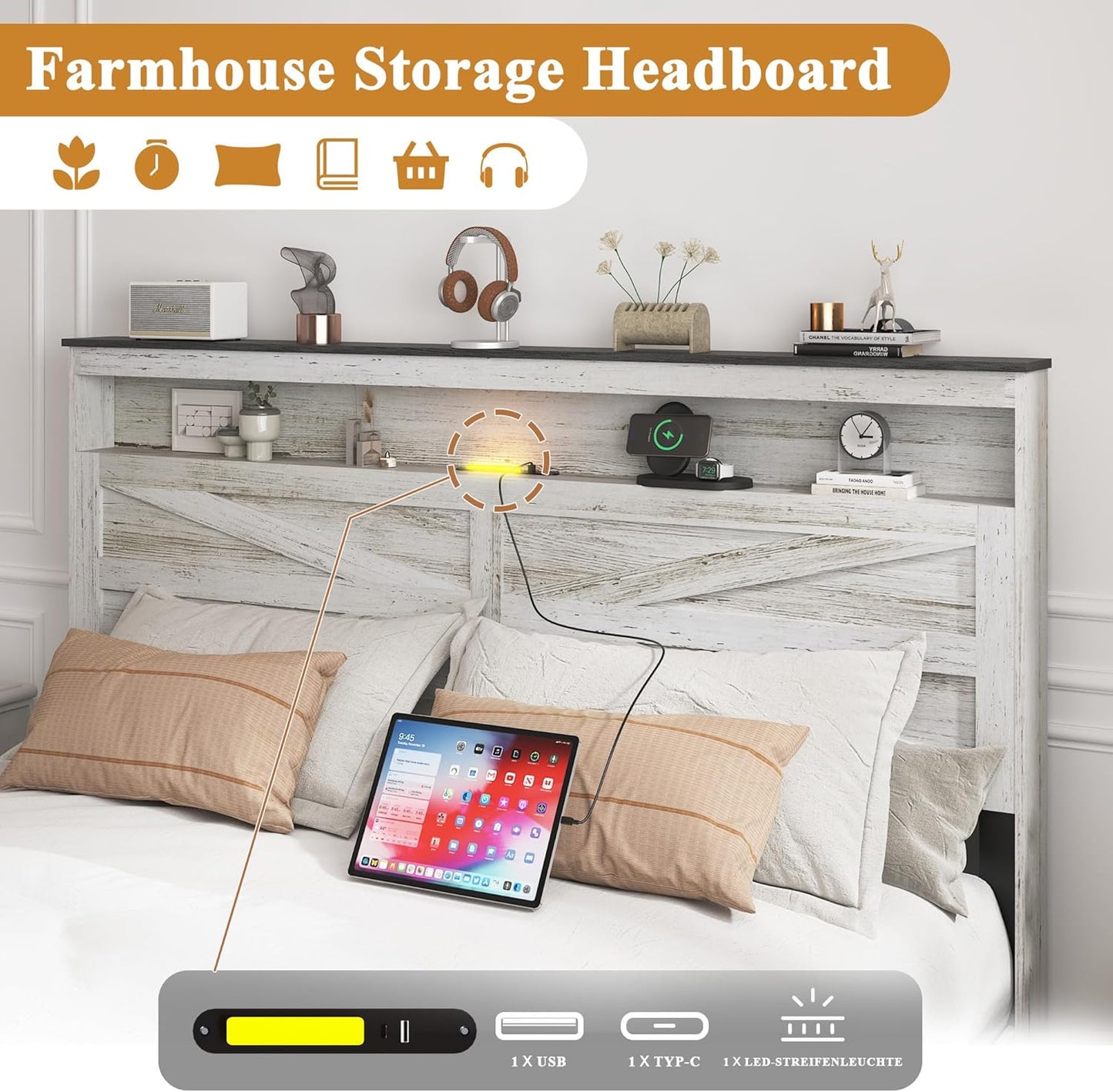 Farmhouse Wooden Bed Frame Full Size with Storage Headboard, Boho Platform Bedframe with LED Lights and Charging Station, Metal Slats Support, No Box Spring Needed, White