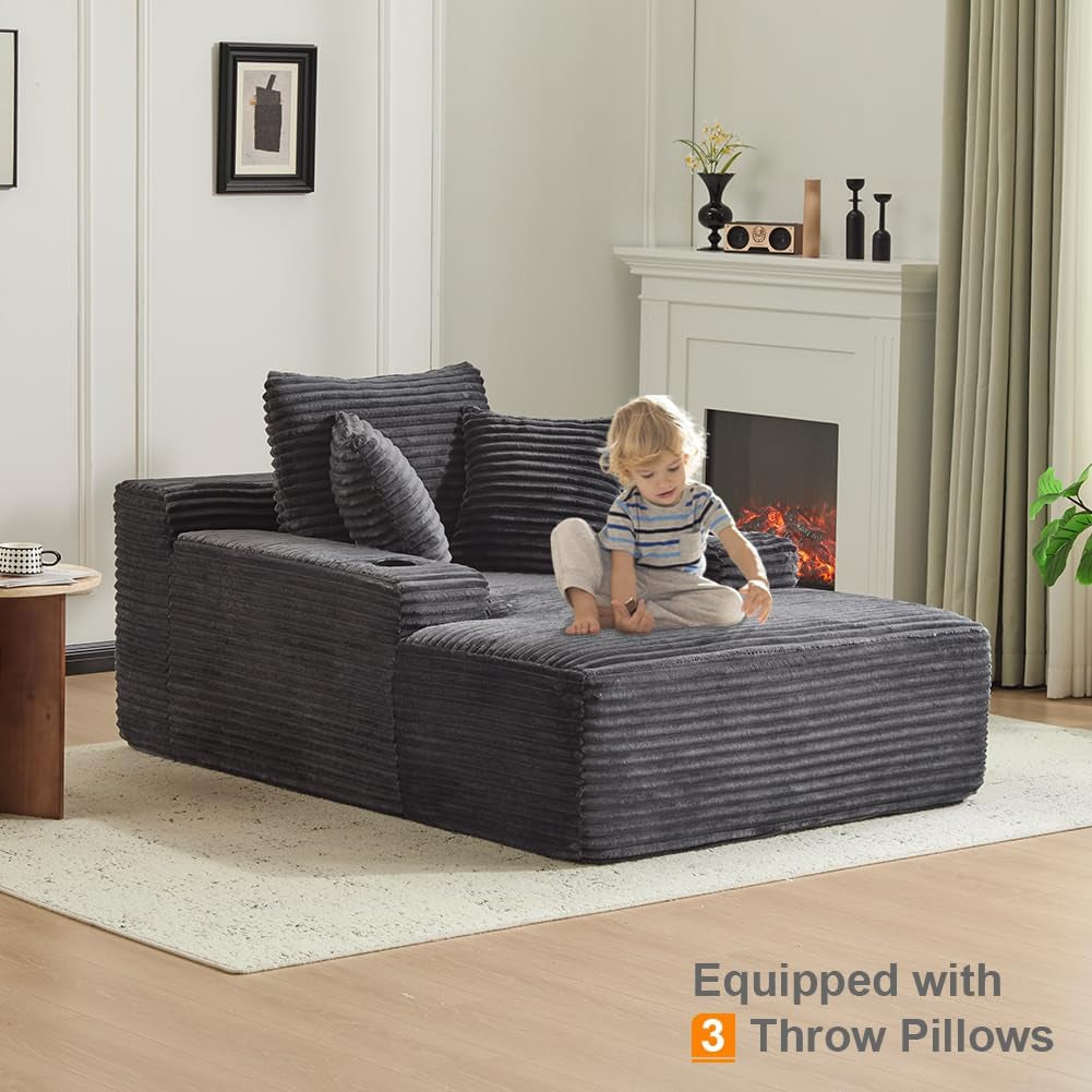66" Oversized Chaise Lounge Sofa Chair Indoor, Modern Corduroy Single Sleeper Couch Chair with 3 Soft Pillows＆Cup Holder, Boneless Cloud Couch Single Seat Sofa Bed for Living Room Office (Dark Grey)