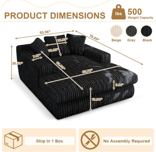 76" Oversized Chaise Lounge Chair Indoor, Cloud Boneless Sleeper Couch Corduroy Upholstered Sofa Bed Deep Seat Comfy Reading Chair with 3 Pillows for Living Room Bedroom, Black