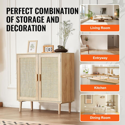 Rattan Cabinet, Buffet Cabinet with 2 Magnetic Doors and Adjustable Shelves, Sideboard Buffet for Hallway, Entryway, Living Room, or Kitchen, Natural