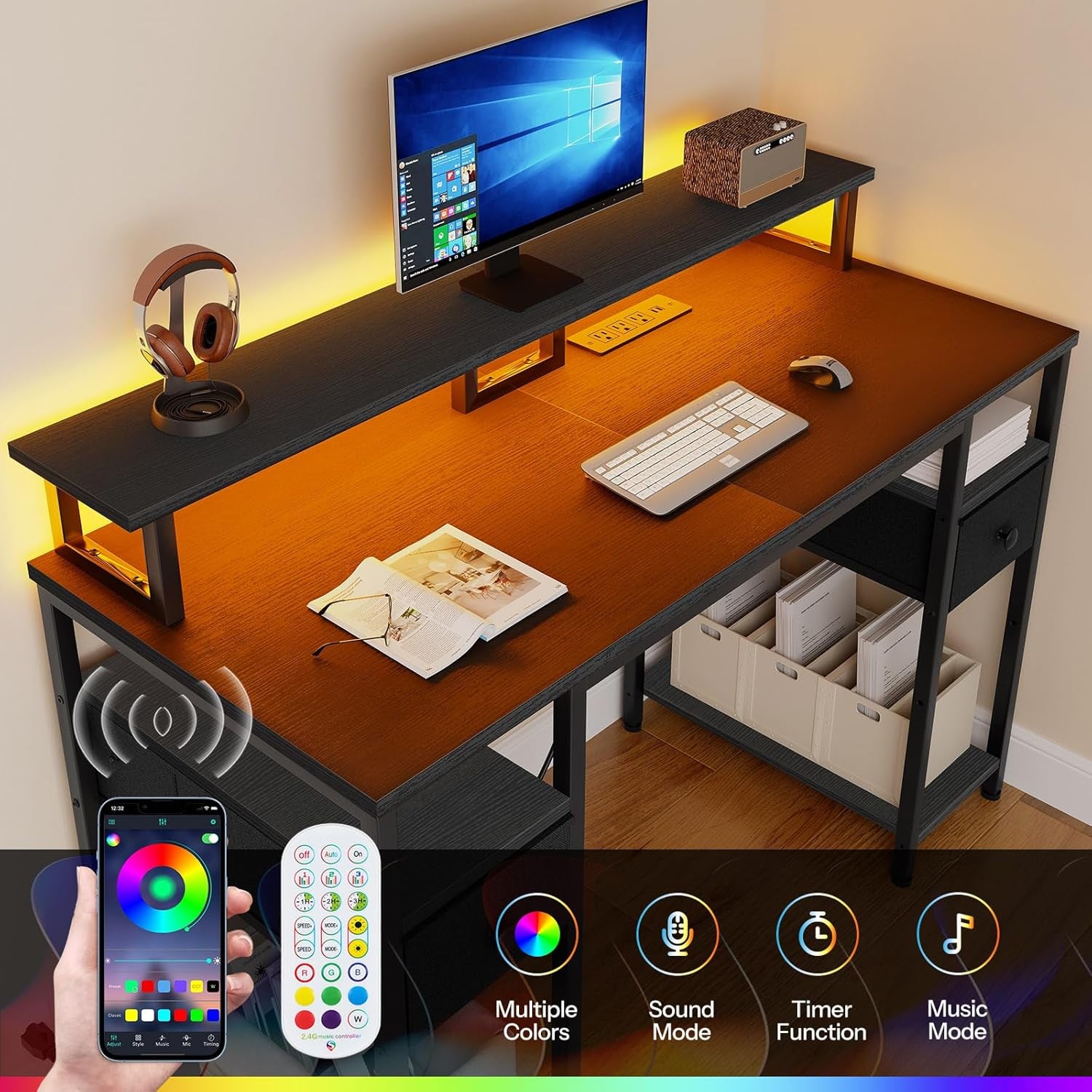 47 Inch Gaming Desk with LED Lights & Power Outlets, Computer Desk with Monitor Stand and Drawers, Gaming Table with Storage Shelves for Home Office, Study, Working, Black BB47UDDN01