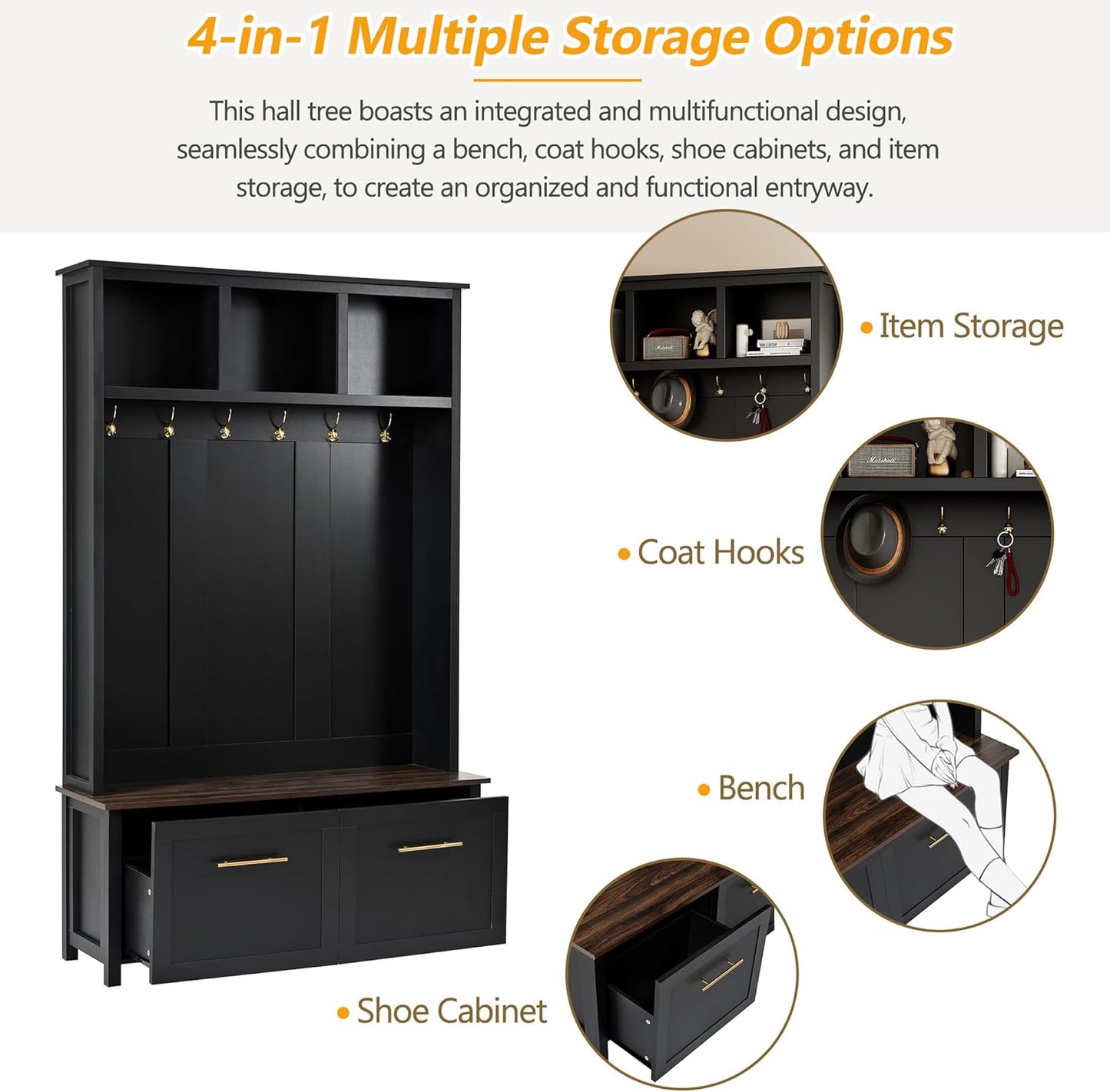 Modern 4-In-1 Storage Hall Tree with Bench, Versatile Multiple Space with 6 Golden Hooks, 2 Drawers, Entryway Coat Rack for Living Room, Hallway, Black