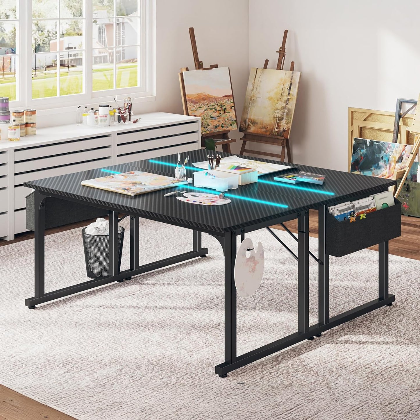 55 Inch Computer Desk with LED Lights, Gaming Desk with Storage Bag for Home Office, Simple Office Desk with Headphone Hook for Study Writing Work Desk,Sturdy Metal Frame,Black