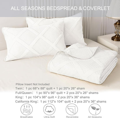 King Quilt Set- White Quilts Bedding Set with 2 Pillow Shams, Modern King Bedspread with Striped Pattern, Soft Lightweight Bedspreads Coverlets for All Seasons