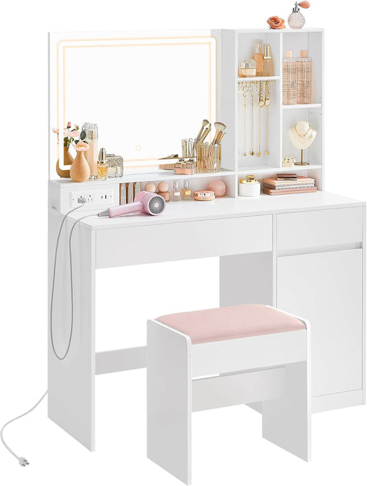 Vanity Desk with Mirror and Lights, Power Outlets, Vanity Table Set with Stool, Drawers, 43.3-Inch Wide Makeup Vanity, Jewelry Storage, Adjustable Shelves, for Bedroom, Cloud White URDT632W02