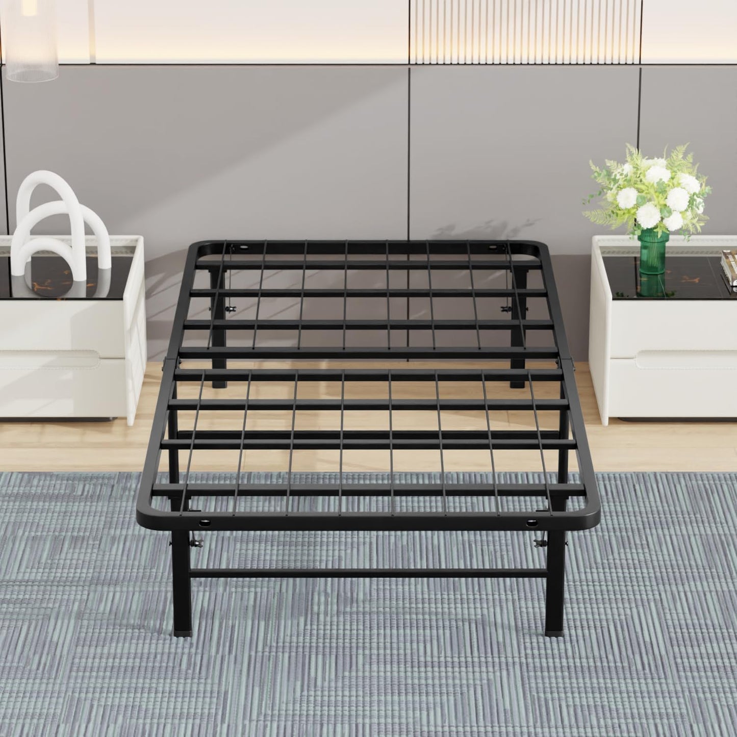 | Twin Bed Frame | Metal | Heavy Duty Steel Slats with 6 Legs | Foldable | Sturdy, No Box Spring Needed | Easy to Assemble with Under-Bed Storage | Furniture for Home, Dorms
