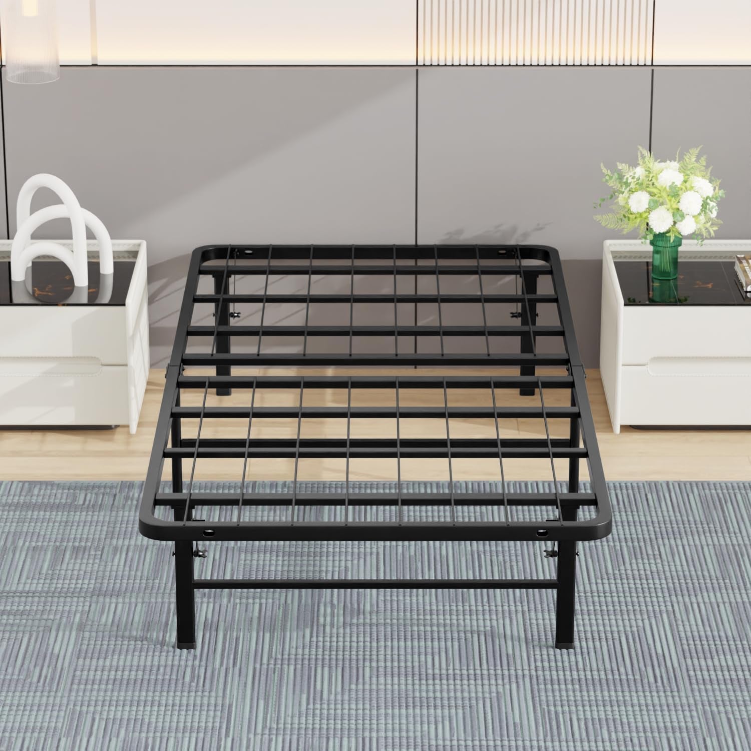 | Twin Bed Frame | Metal | Heavy Duty Steel Slats with 6 Legs | Foldable | Sturdy, No Box Spring Needed | Easy to Assemble with Under-Bed Storage | Furniture for Home, Dorms