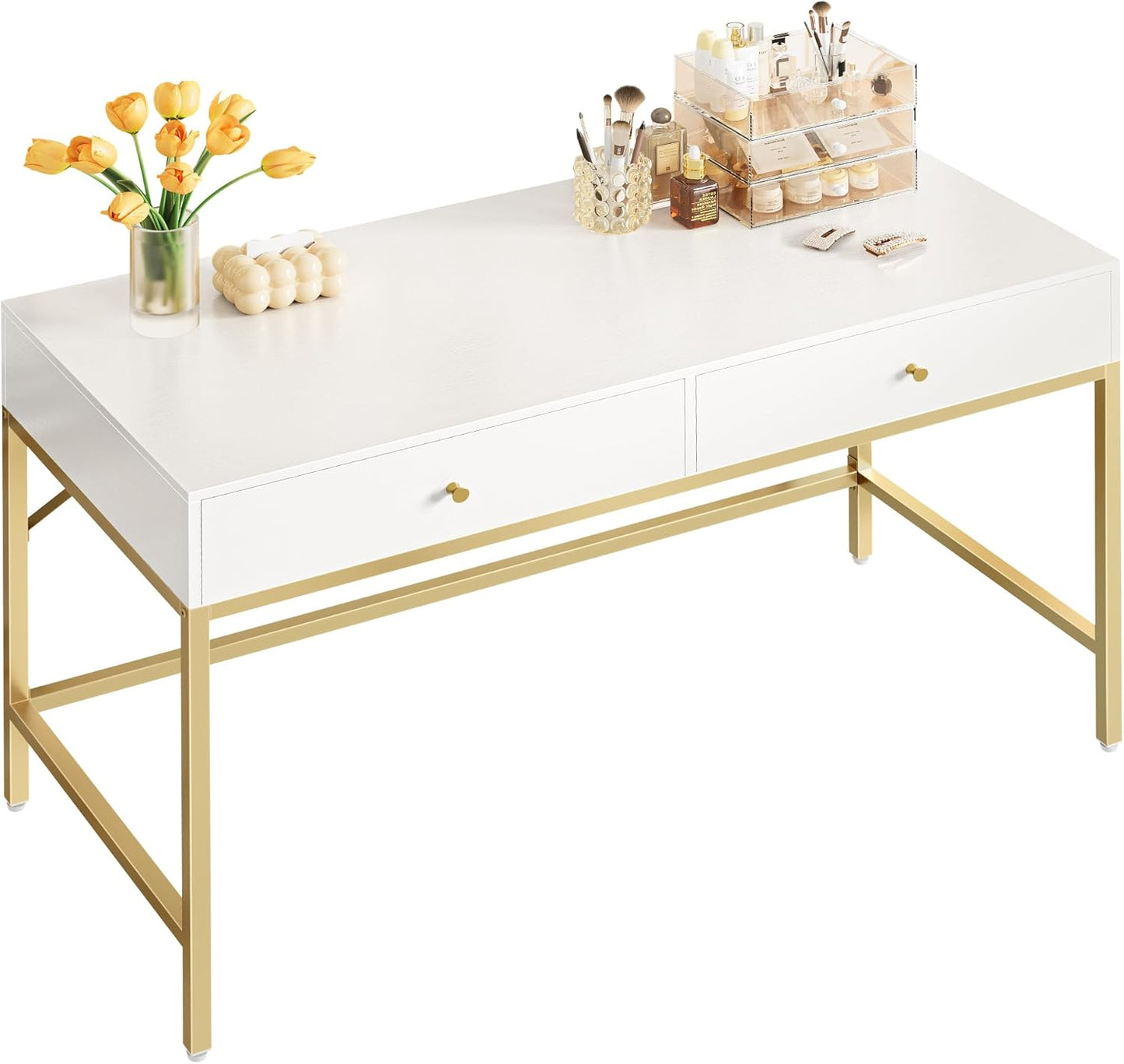 Vanity Desk with Drawers, 47 Inch Computer Desk, Modern Simple Home Office Desks, Makeup Dressing Table for Bedroom - White and Gold