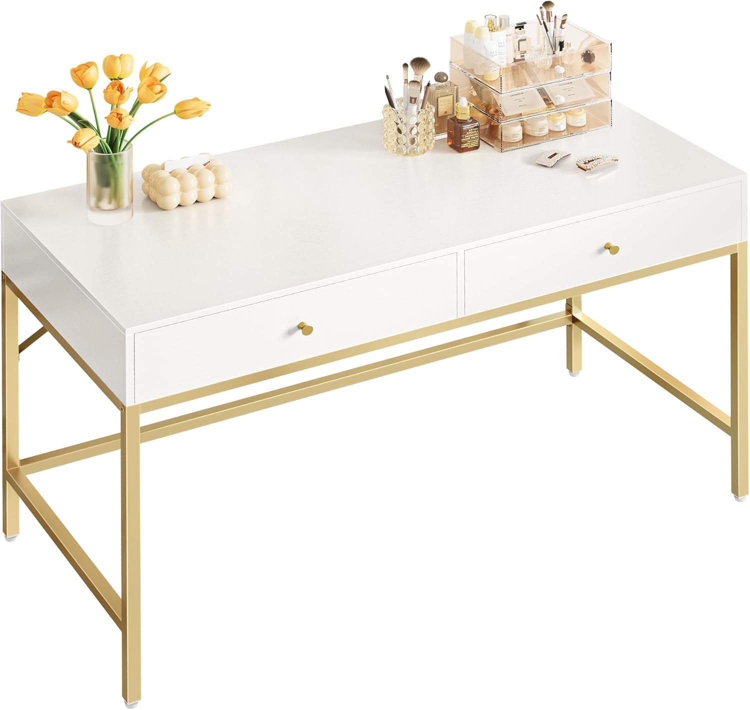 Vanity Desk with Drawers, 47 Inch Computer Desk, Modern Simple Home Office Desks, Makeup Dressing Table for Bedroom - White and Gold