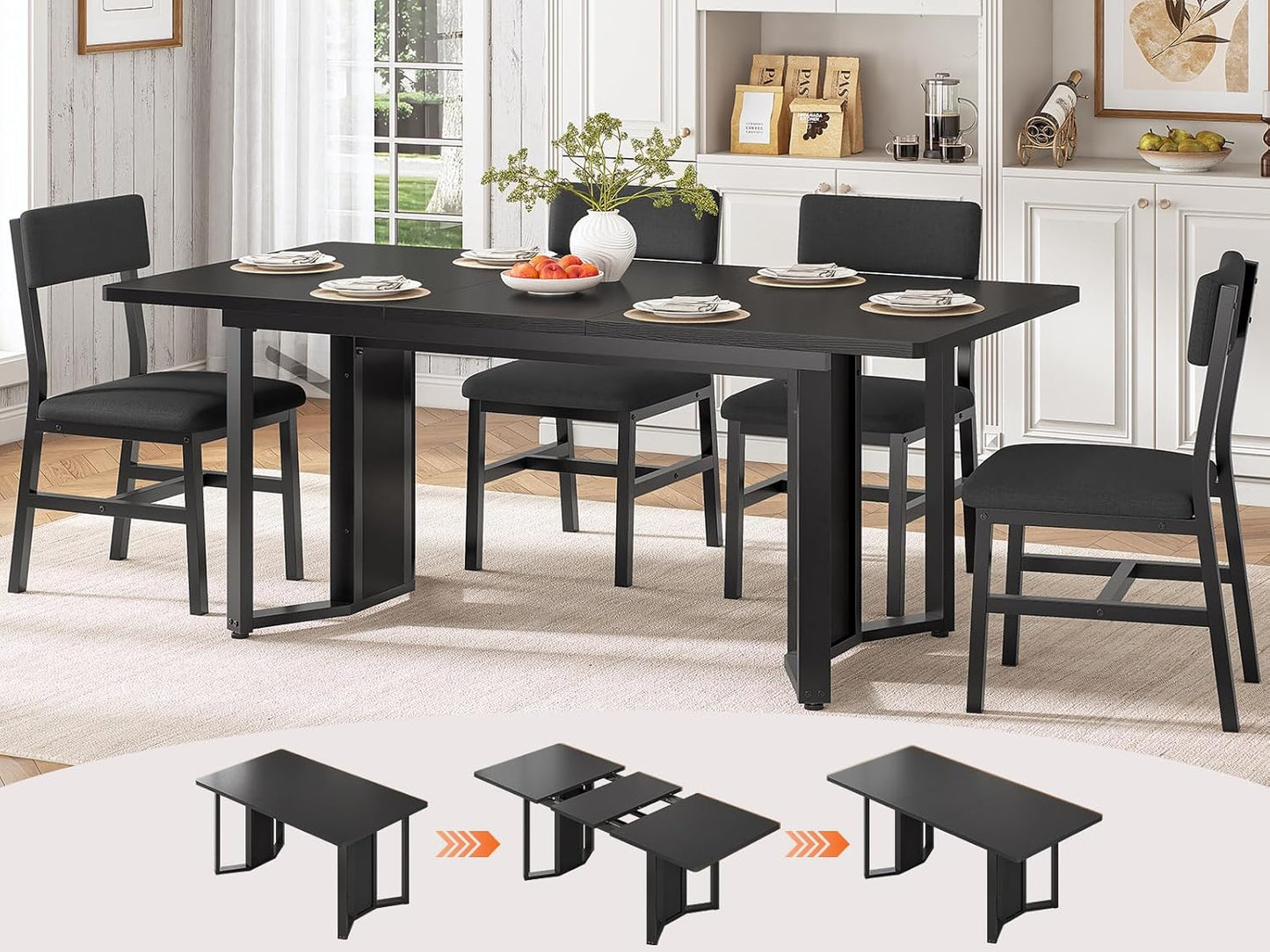5-Piece Dining Table Set for 4-6 People, 63" Extendable Kitchen Table and 4 Cushion Chairs, Dining Room Table with MDF Board & Metal Frame for Small Space, Easy Clean, Black