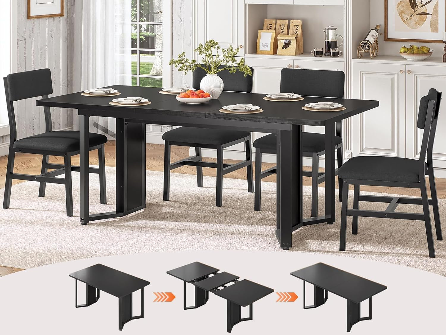 5-Piece Dining Table Set for 4-6 People, 63" Extendable Kitchen Table and 4 Cushion Chairs, Dining Room Table with MDF Board & Metal Frame for Small Space, Easy Clean, Black