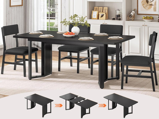 5-Piece Dining Table Set for 4-6 People, 63" Extendable Kitchen Table and 4 Cushion Chairs, Dining Room Table with MDF Board & Metal Frame for Small Space, Easy Clean, Black