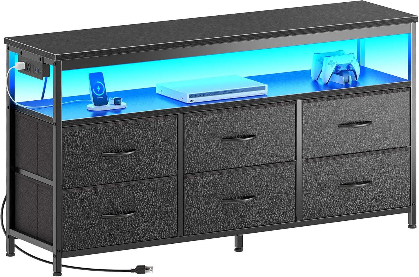 LED TV Stand for Bedroom, 47 Inch Dresser TV Stand for 43, 50, 55 Inch TV, Black TV Stand with Storage, Entertainment Center with Power Outlets, 6 Drawer Fabric Dresser for Living Room