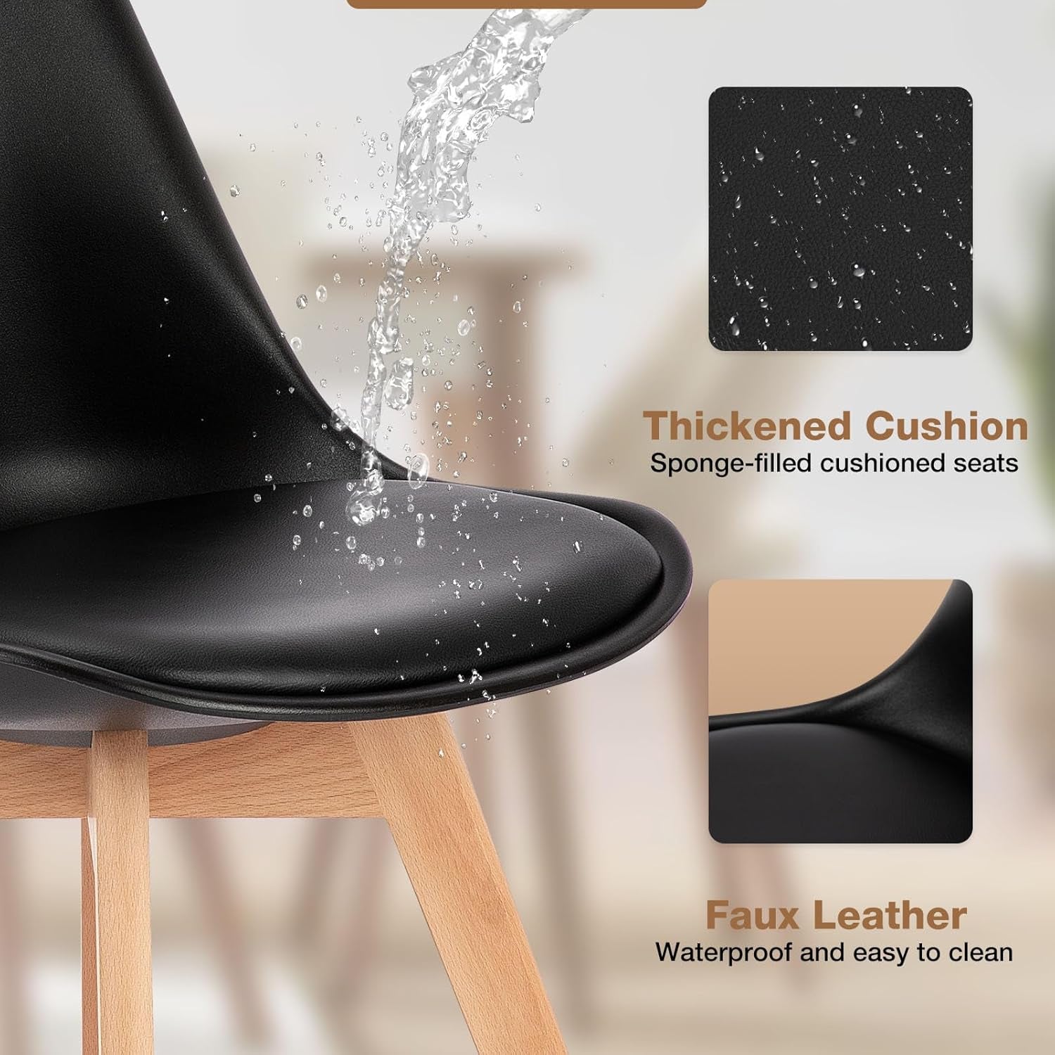 Dining Chairs Set of 8 Kitchen Mid Century Modern Chairs with Wood Legs and PU Leather Cushion for Living Room Bedroom Outdoor Lounge, Black