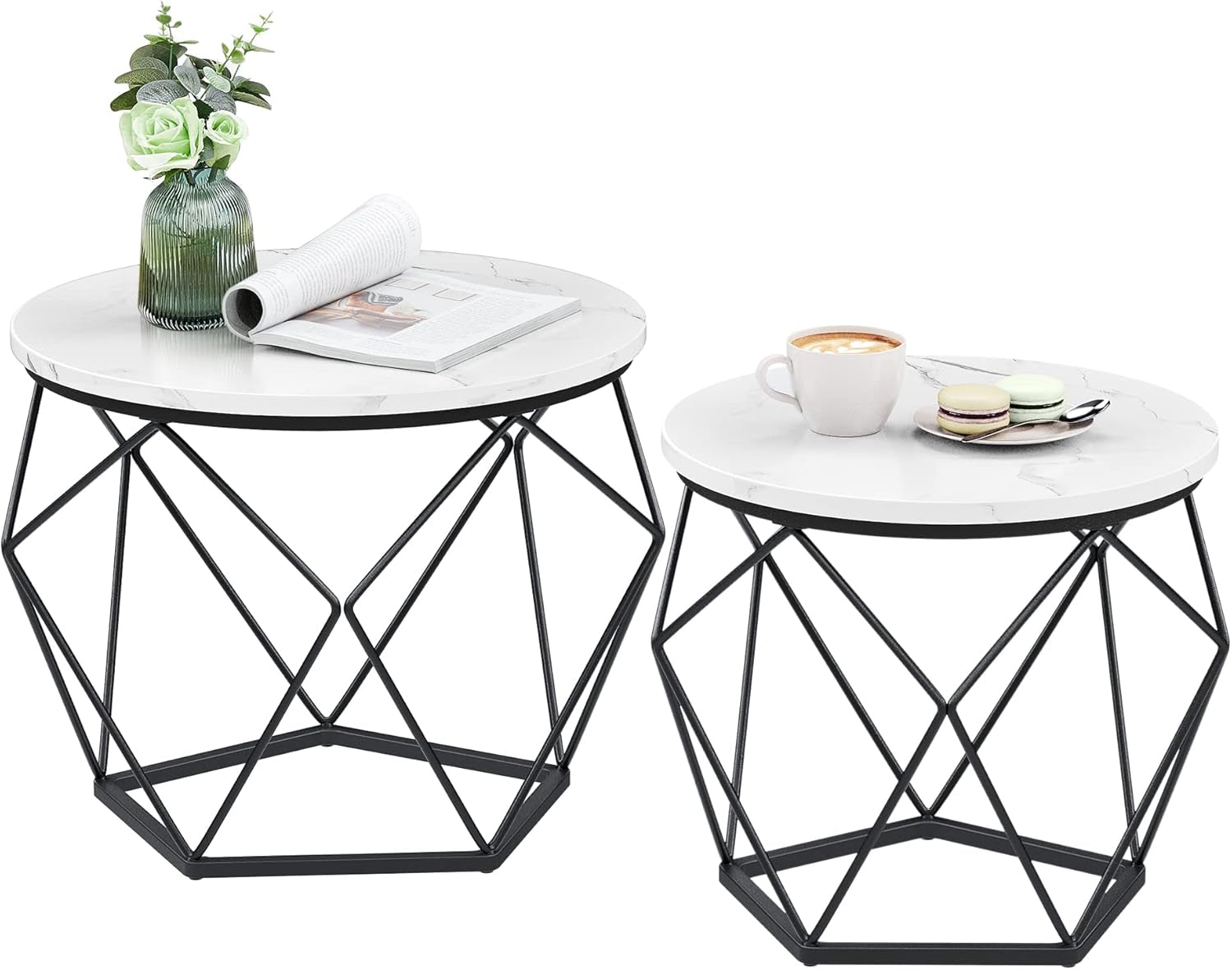 Small Coffee Table Set of 2, round Coffee Table with Steel Frame, Side End Table for Living Room, Bedroom, Office, Marble White and Ink Black