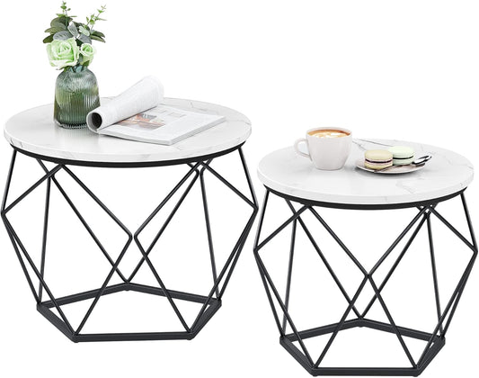 Small Coffee Table Set of 2, round Coffee Table with Steel Frame, Side End Table for Living Room, Bedroom, Office, Marble White and Ink Black