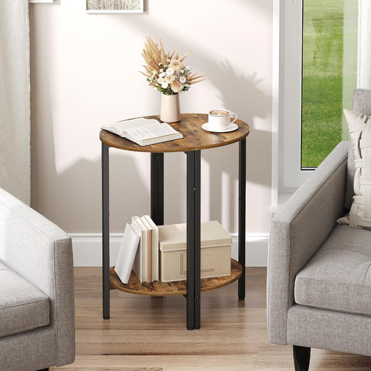 Side Table, Small End Table Set of 2, Half round Side Table, Half Moon Table, 2-Tier Narrow Sofa Table, Nightstand with Open Sheleves, Entryway Table for Living Room, Rustic Brown ET07L2BR