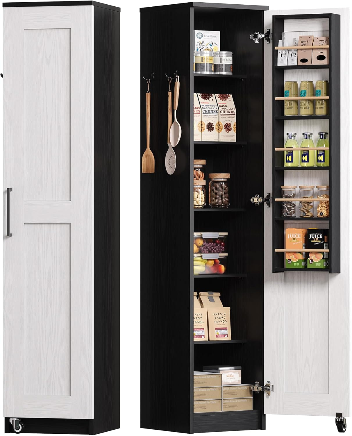 Small Kitchen Pantry Cabinet 72" for Narrow Space, with Single Door and Adjustable Shelves, Freestanding Tall Storage Cabinet for Living Room, Bathroom, Black and White