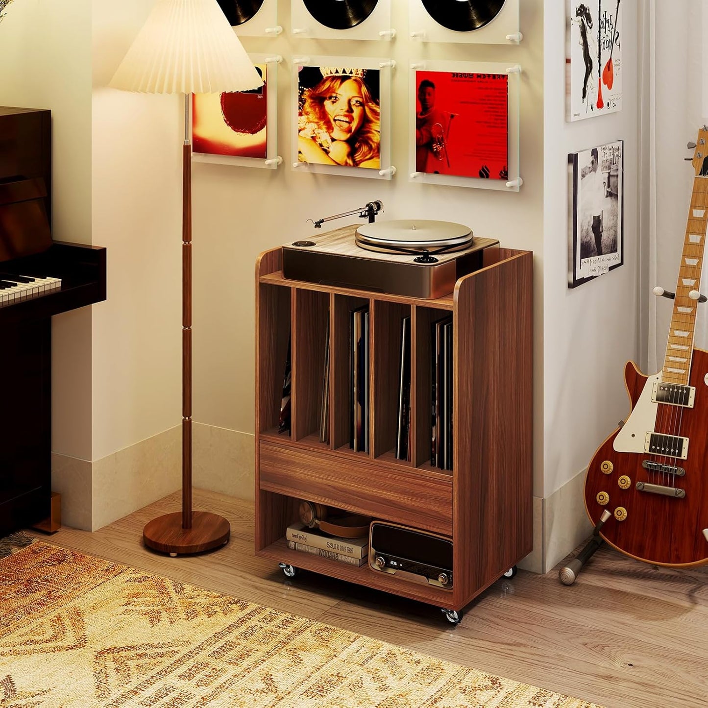 Record Player Stand, Rolling Turntable Stand with Drawer & Lockable Wheels, Record Player Table Holds up to 150 Albums, Vinyl Record Storage for Living Room Bedroom, Walnut