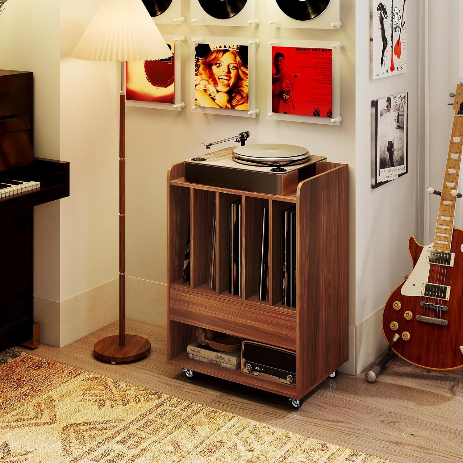 Record Player Stand, Rolling Turntable Stand with Drawer & Lockable Wheels, Record Player Table Holds up to 150 Albums, Vinyl Record Storage for Living Room Bedroom, Walnut