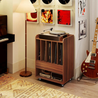 Record Player Stand, Rolling Turntable Stand with Drawer & Lockable Wheels, Record Player Table Holds up to 150 Albums, Vinyl Record Storage for Living Room Bedroom, Walnut