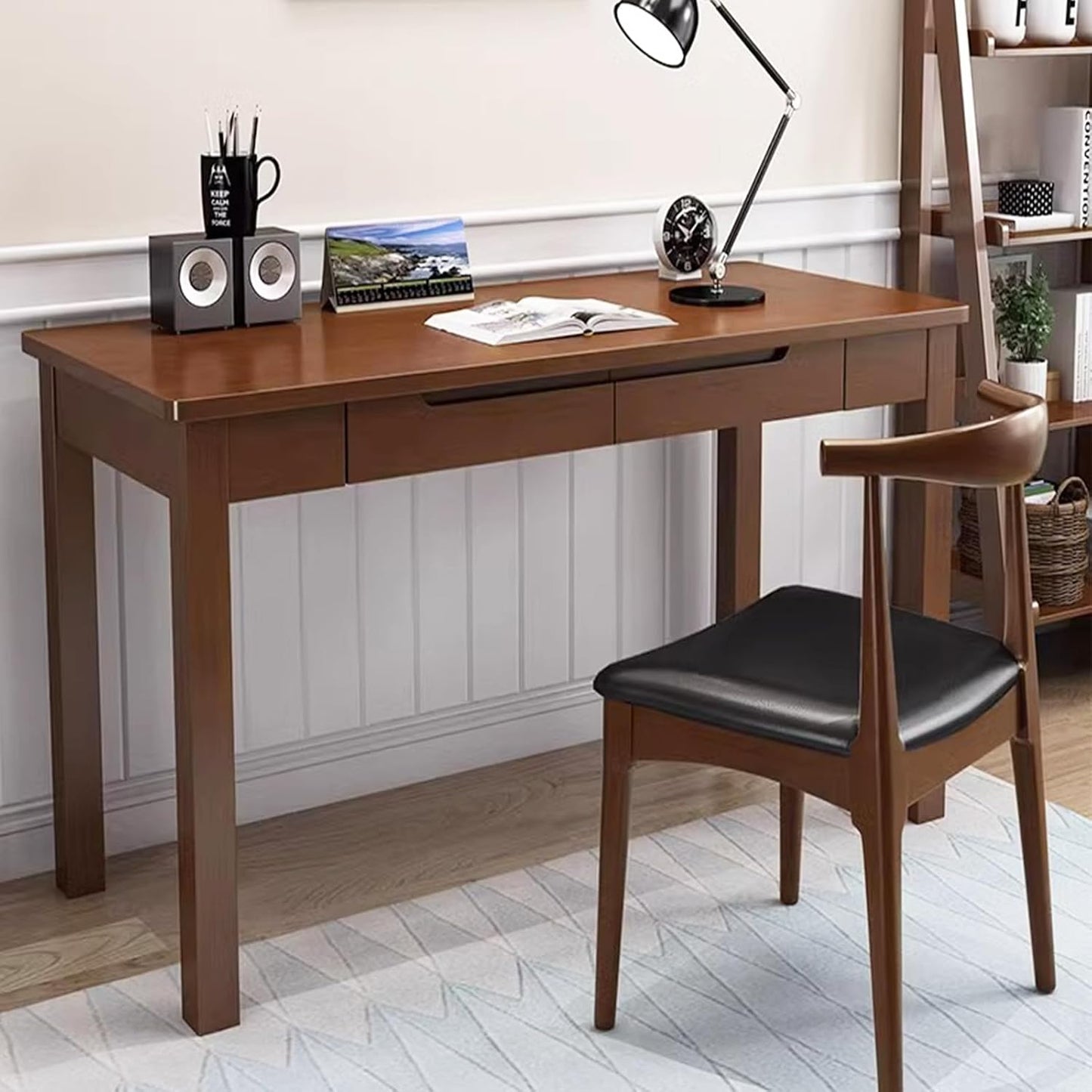 Solid Wood Writing Desk with Drawers, 47" Home Office Computer Desk, Wooden Simple Laptop Desk Study Table for Bedroom, Living Room, Walnut Finish