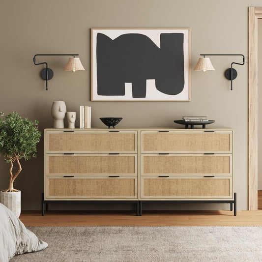 Andrew 3-Drawer Rattan Dresser or Bohemian Living Room Storage Cabinet with Natural Rattan Accent and Metal Legs, Light Oak/Black, Set of 2