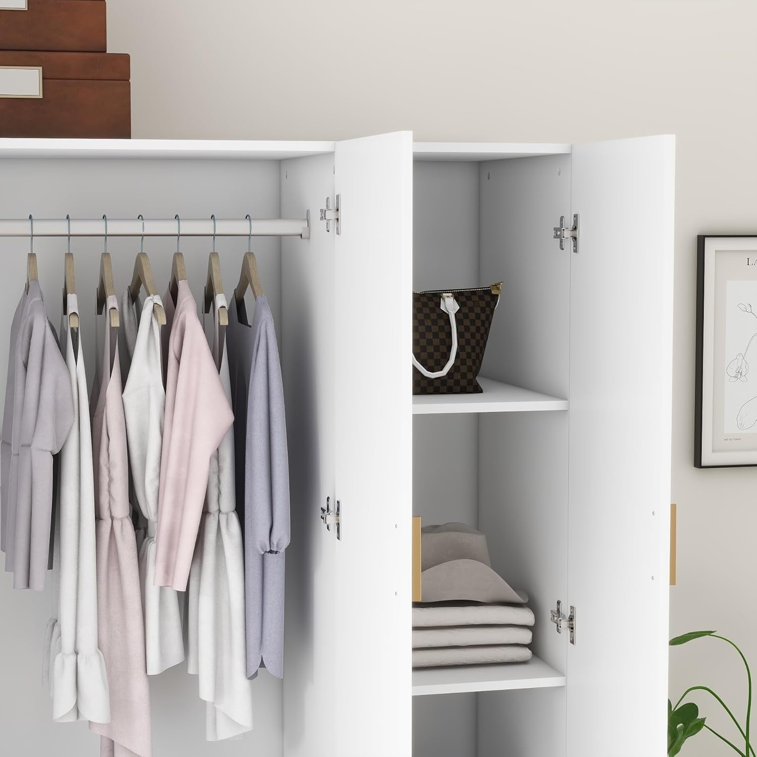 Bedroom Armoires Wardrobe Closet with 4 Doors 2 Drawers and Mirror, Large Shelves Hanging Rods for Bedroom, 62.7" W X 19.7" D X 70.8" H