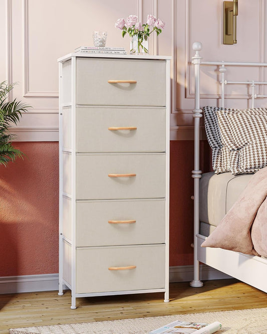 Vertical Dresser Storage Tower - Sturdy Steel Frame, Wood Top, Easy Pull Fabric Bins - Organizer Unit for Bedroom, Hallway, Entryway, Closets - 5 Drawers(Beige)