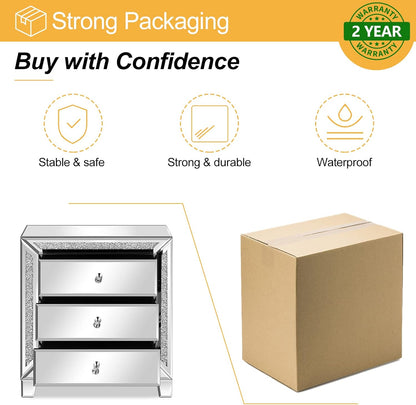 Mirrored Nightstands Set of 2, 23" W Glass Mirror Night Stand Set of 2, Modern Bedside Table 3 Drawer Glass Side End Table Silver Dresser for Bedroom, 23”W X 13.8”D X 24.8”H