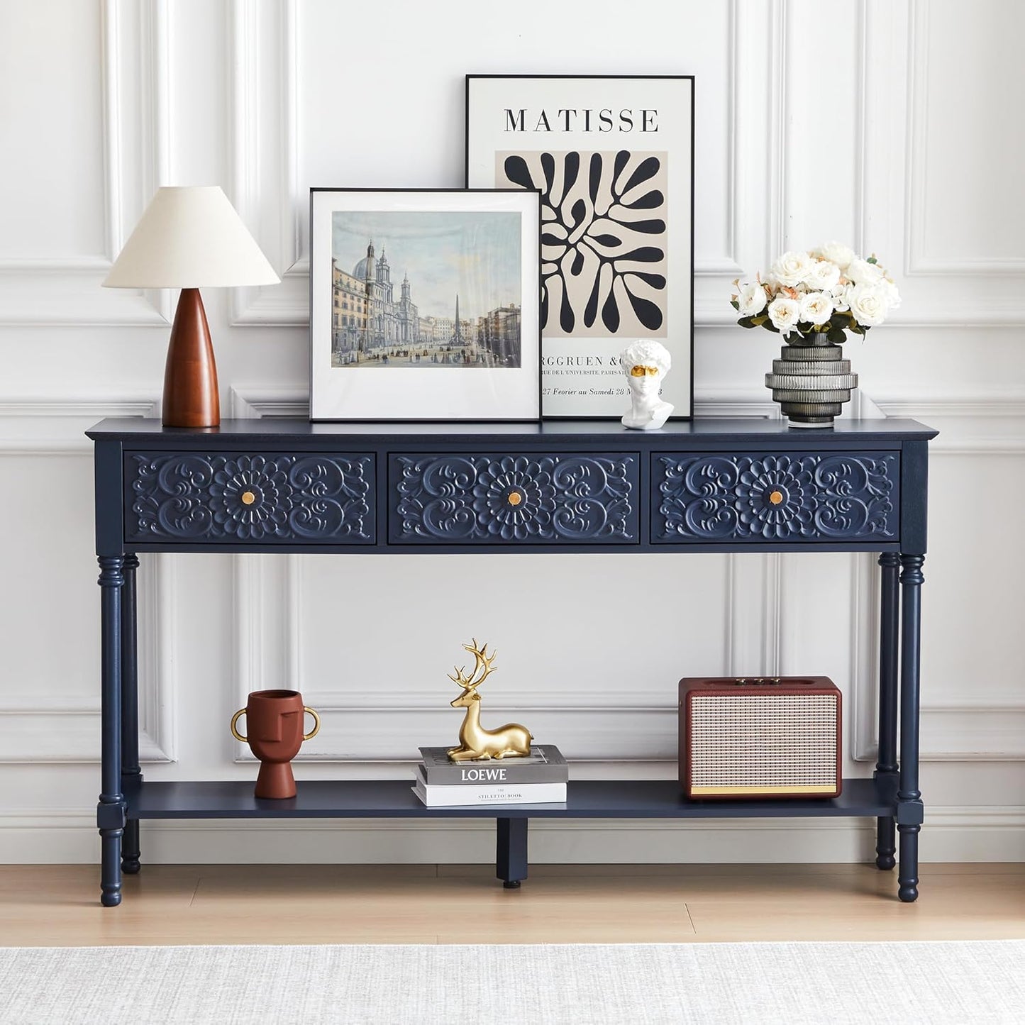 55.5" Carved Console Table with 3 Drawers, 2-Tier Sofa Table with Glossy Floral Surface and Solid Wood Legs, Mid-Century Modern Entryway Table for Living Room Hallway (Midnight Blue)