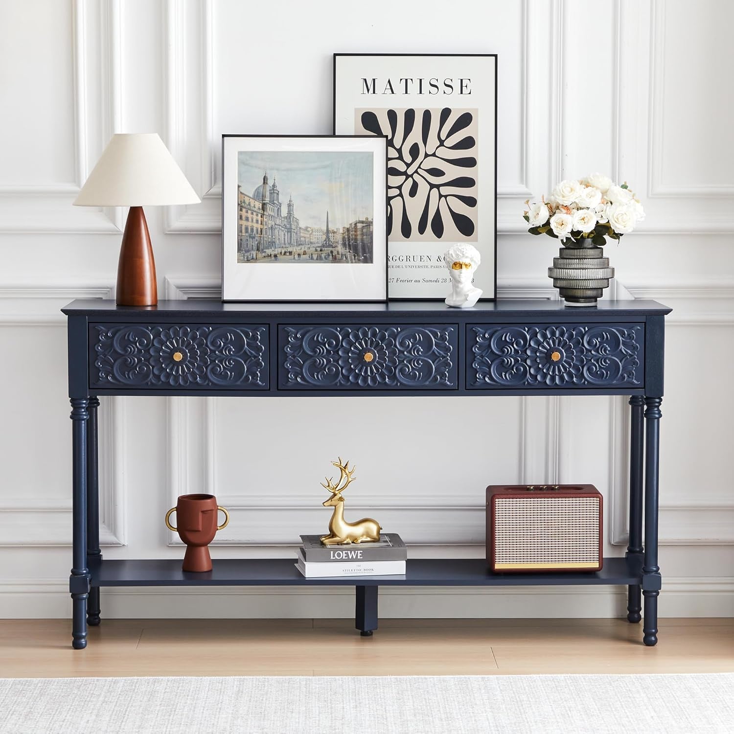 55.5" Carved Console Table with 3 Drawers, 2-Tier Sofa Table with Glossy Floral Surface and Solid Wood Legs, Mid-Century Modern Entryway Table for Living Room Hallway (Antique Black-Brown)