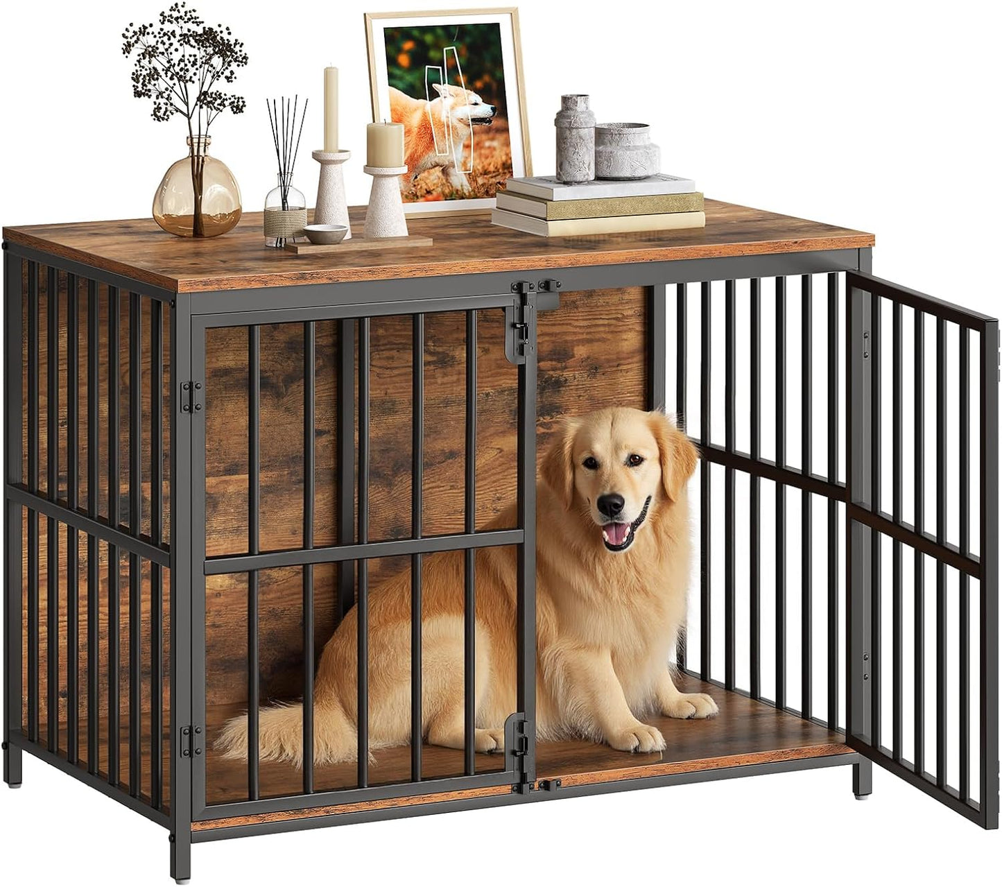 46.5" Large Dog Crate Furniture, Wooden Dog Kennel Indoor, Heavy Duty Dog Cage for Large/Medium Dog, Decorative Side End Table, Rustic Brown and Black BF120GW03