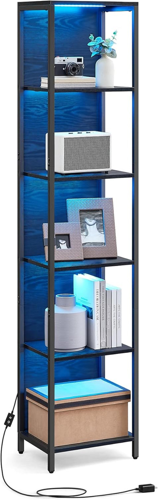 6-Tier LED Bookshelf, Display Shelf with Dimmable Lights, LED Bookcase with Steel Frame, 11.9 X 15.7 X 70.3 Inches, for Living Room, Bedroom, Office, Black with Wood Grain ULLS121B56