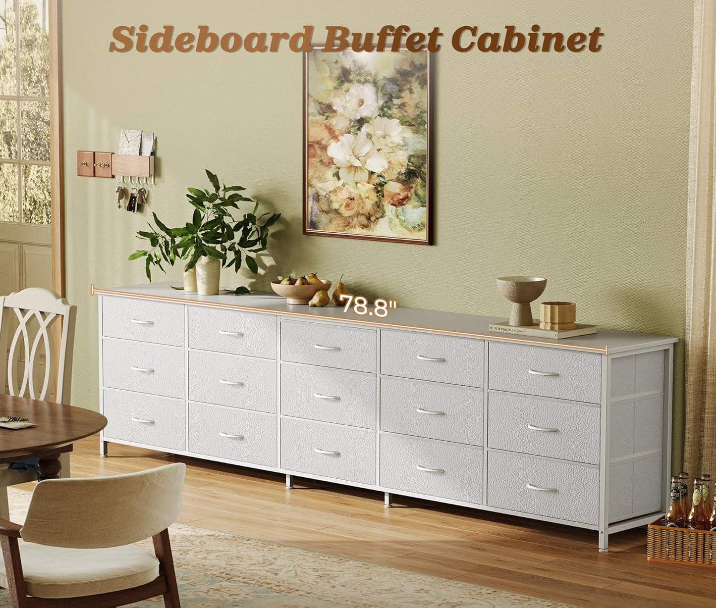 78.7 Inch Long Dresser for Bedroom, 15 Drawer Fabric Dresser for Closet, Large TV Stand for 65, 75, 85 Inch TV, Wide Chest of Drawer with Storage, 78.7" W X 12.9" D X 26.7" H, White