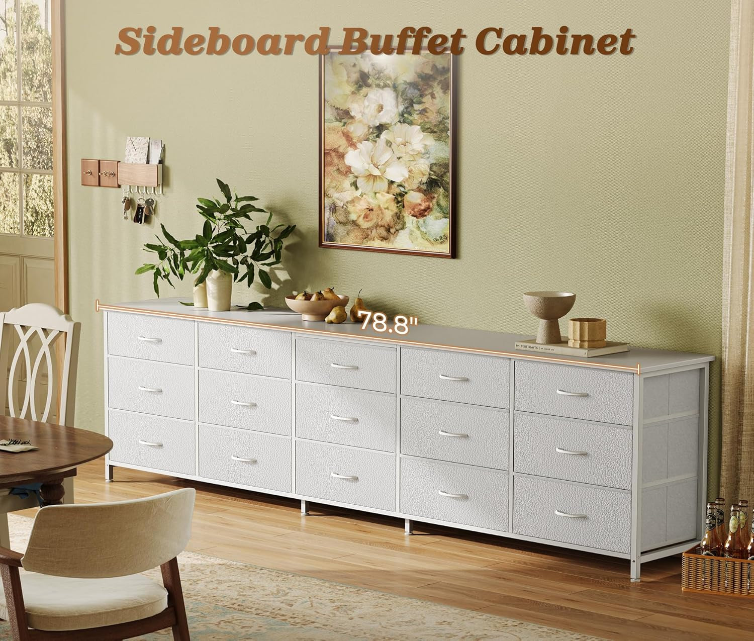 78.7 Inch Long Dresser for Bedroom, 15 Drawer Fabric Dresser for Closet, Large TV Stand for 65, 75, 85 Inch TV, Wide Chest of Drawer with Storage, 78.7" W X 12.9" D X 26.7" H, White