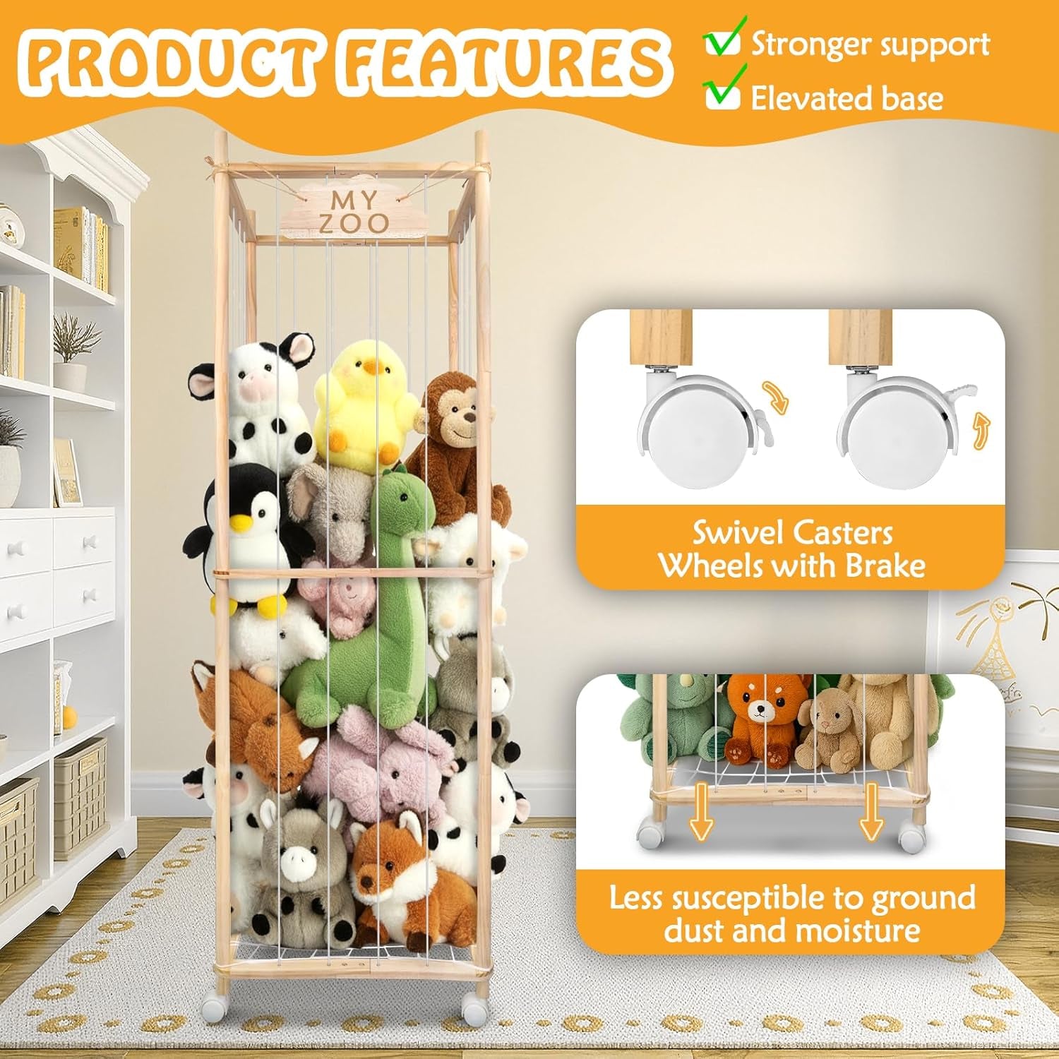 Stuffed Animal Storage Zoo with Wheels, 63'' Tall Large Wooden Plushies Storage Stuffed Animals Holder, Plush Toy Organizer Stuff Animal Zoo with Elastic Band and Net for Toddlers Playroom, Bedroom