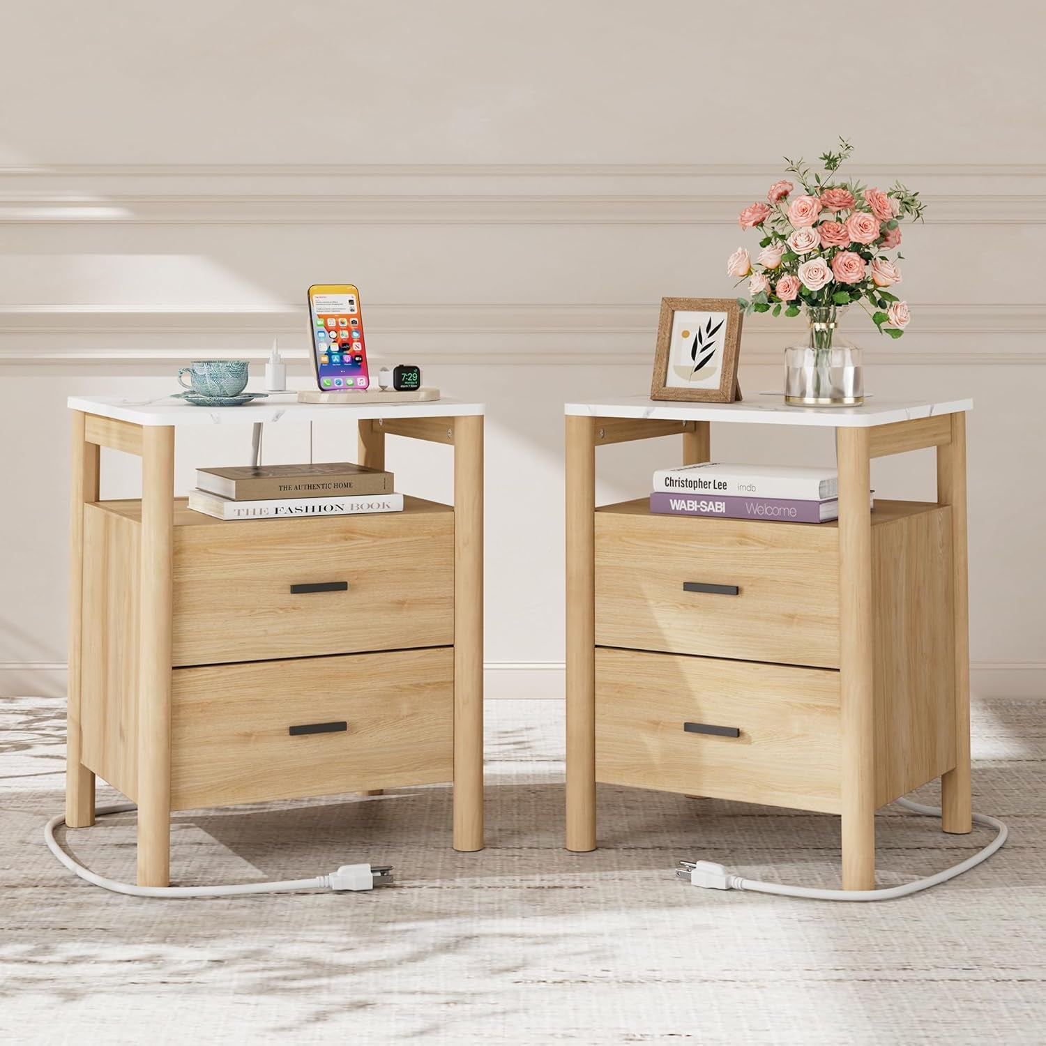 Night Stand Set 2, 20" Wide Nightstands Set of 2, Nightstand with Charging Station & Faux Marble Top, 2 Drawer End Table with Solid round Post Legs, Bedside Table for Bedroom, Natural Oak