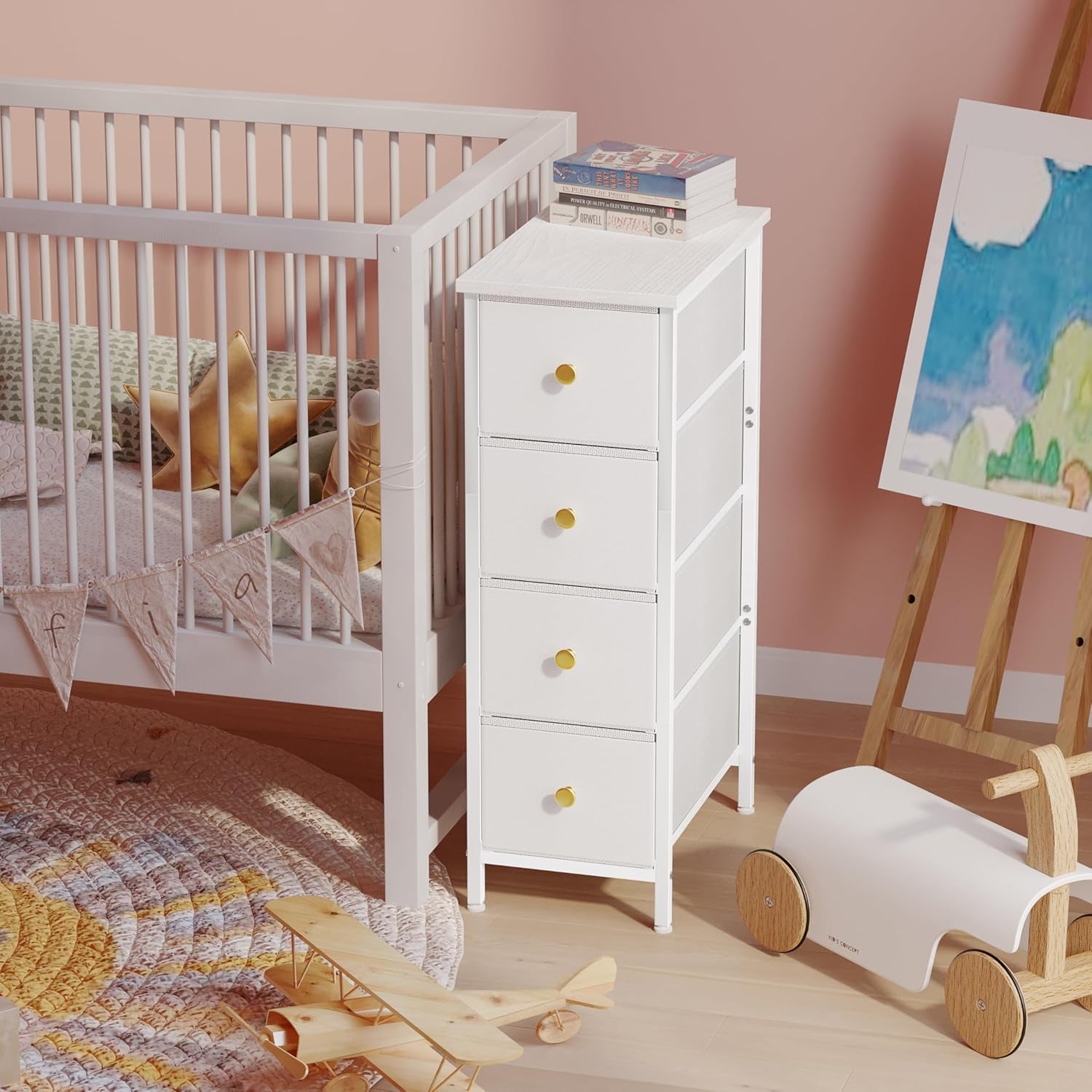 Narrow Storage Cabinet, Narrow Nightstand Dresser with 4 Drawers, Slim Fabric Dresser Storage Tower for Small Spaces, White Dresser, for Bedroom, Bathroom, Laundry, Closet